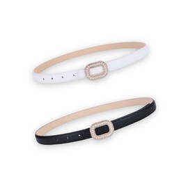 CB Women's Elegant Pearl Shiny Rhinestone Buckle Skinny Soft Genuine Leather Belts Waistband, Black & White, One Size