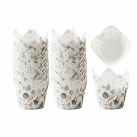 Set of 200 White Tulip-shaped Paper Liners, Features a Subtle Leaf Motif Design for a Natural and Elegant Look, Perfect for Cupcake and Dessert Presentation