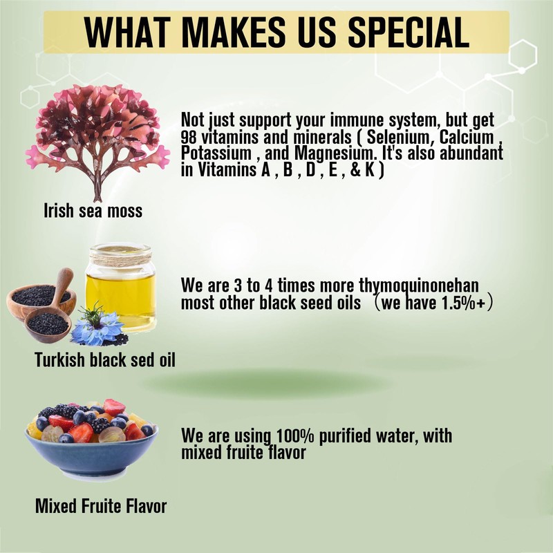 Irish Sea Moss Drops Black Seeds Oil, Bladderwrack, Burdock Root,