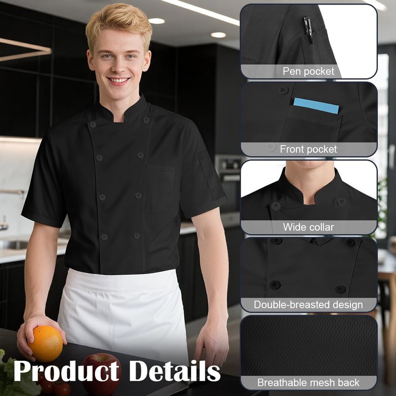 DiULi Chef Jacket, Unisex Chef's Short Sleeve Jacket Professional Lightweight