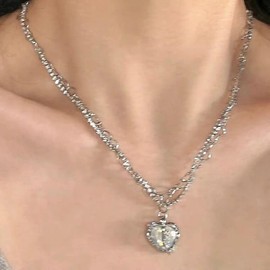 TseenYi Moonstone Heart Pendant Necklace Silver Layered Rhinestone Chain Necklace Opal Heart Cz Necklace Sparkling Crystal Necklace Love Link Chain Necklace Jewelry for Women and Girls Gifts