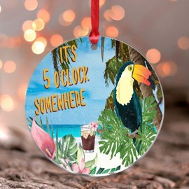 It's Five O'clock Somewhere Christmas Ornaments Tiki Bar Pool Hot Tub Luau Round Christmas Tree Ornament Keepsake Parrot Colorful Bird Sea Acrylic Christmas Bauble for Xmas Party Decorations