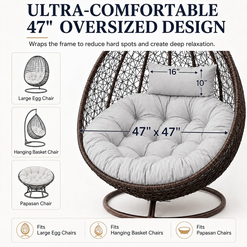 Water-Resistant Egg Chair Cushion Replacement, Light Grey, 47 x 47