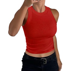 GEMBERA Womens High Neck Racerback Ribbed Crop Top Sleeveless Fitted Basic Cotton Cropped Tank Top Layers(3936 Red S)