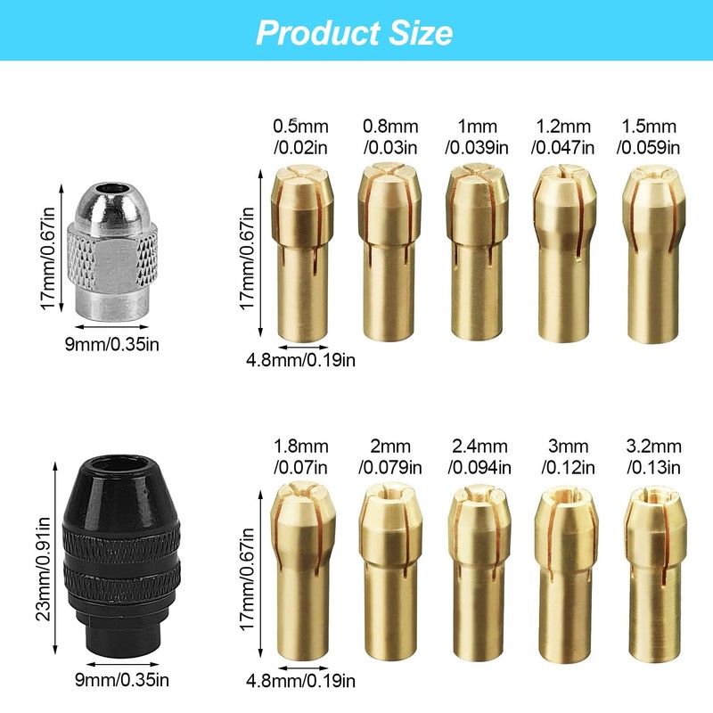 15-Piece Set Collets for Dremel Accessories, Pure Copper Mini Drill