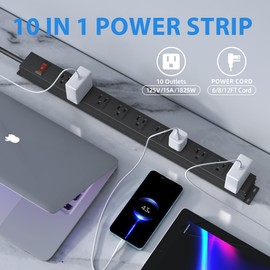 CFMASTER 10 Outlet Metal Power Strip,8FT Long Extension Cord Heavy Duty for Kitchen,Office,School,Commercial,Workshop,Industrial,ETL Certified and Listed Socket,1825W/125V/15A,Black(8FT)