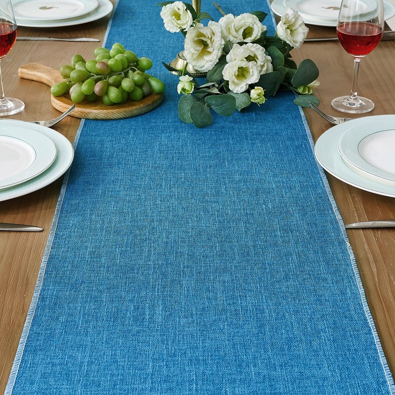 Table Runner Washable Blue 30 x 180 cm Linen Rustic