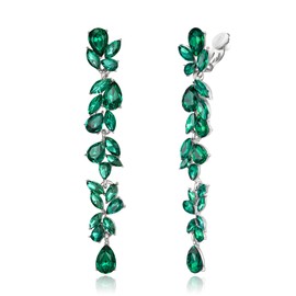 EVER FAITH Wedding Rhinestone Crystal Chandelier Clip-on Earrings for Women Brides, Art Deco Marquise Teardrop Bridal Long Drop Earrings for Prom Green Silver-Tone