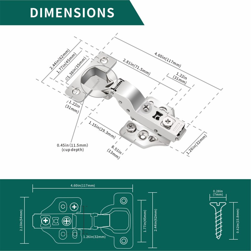 6 Pack Inset Soft Close Cabinet Hinges 105° Frameless 3