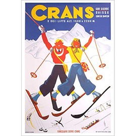 Crans Montana Switzerland Vintage Ski Poster of Skiers Celebrating the Exhilaration of Skiing, Image Size 17.5 x 26.5 inches, Paper Size 19.5 x 27.5 inches