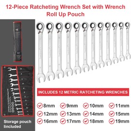 Ratcheting Wrench Set 12pcs, Metric Standard Wrench Set, Combination Ratchet Wrench Set, Metric 8-19mm, 72-Teeth,Cr-V Steel Ratchet Wrenches Set with Pouch for Motorcycle/Car/Mechanical Etc.