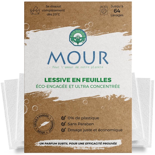 MOUR® Eco-Friendly Laundry Sheet - 64 Washes - Zero Waste Packaging - Pre-Dosed Size, Convenient to Use and Store - For Low and High Temperature Washing - Intense Freshness