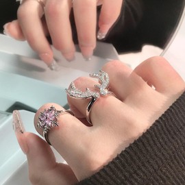 BYETOCE Christmas Sterling Silver Ring Set Zircon Embellished Elk Antlers Ring Cute Snowflake Pink Zircon Crystal Ring Christmas Jewelry Set Opening Adjustable Rings for Women
