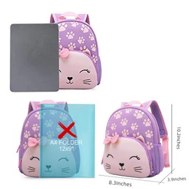 KING CHEER Toddler Backpack for Boys & Girls Cute Animal Design Soft Neoprene Lightweight Mini Kindergarten Preschool Backpack for Toddler Kids(Purple Cat)