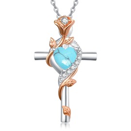 Rose Cross Necklace for Women Sterling Silver Turquoise Pendant Cross Rose Flower Necklace Turquoise Jewelry Wedding Anniversary Birthday Gifts for Women