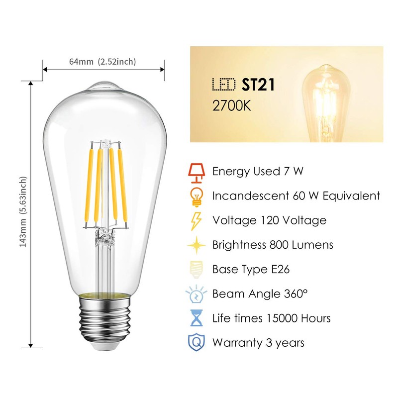 LVWIT 12 Pack ST21 LED Filament Bulb 7W(60 Watt Equivalent)