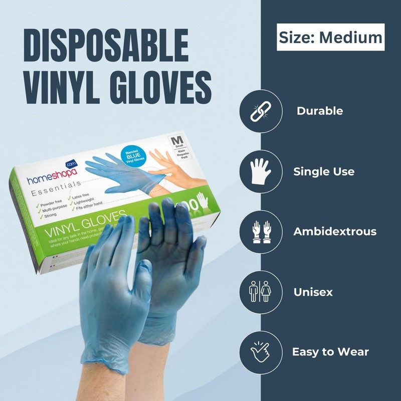 HOMESHOPA Disposable Vinyl Gloves, Blue 100Pcs Medium Powder Free, Latex