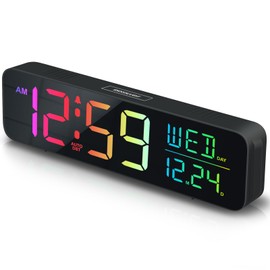 Peakeep Digital Alarm Clock for Bedrooms, Date Day of Week Large Display Numbers 6 Brightness Dimmer, 5 Volume Loud for Heavy Sleepers, 8 RGB Colors Electric Desk Clock Battery Backup, Auto DST