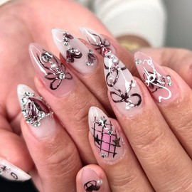 24Pcs Press on Nails Medium with Handmade Pearl Heart Star Design Pink Smudged Almond Nail Shape Acrylic Nails False Nails French Manicure Nail Tips Rhinestones Love Stick on Nails for Women