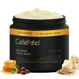 Bálsamo de sarga batida de CelleFuel con miel y ceramida para reparación de barrera cutánea, 100% sarga de carne alimentada con pasto para cara y cuerpo, no grasa, sin perfume para pieles secas