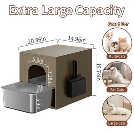 Fooalgo Litter Box Enclosure, Side Entry Stainless Steel Cat Litter Box,Modern Cat Litter Box Furniture Hidden, with Scratching Mat, Cat House, Side End Table, 20.9 x 15 x 15.7 Inches,with a Scoop