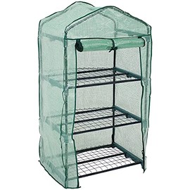 Sunnydaze 3-Tier Mini Greenhouse for Outdoors - Mini Portable Greenhouse with Roll-Up Zippered Door - Iron Tube Frame with 3 Steel Wire Shelves and Polyethylene Cover - Covered Plant Shelter - Green