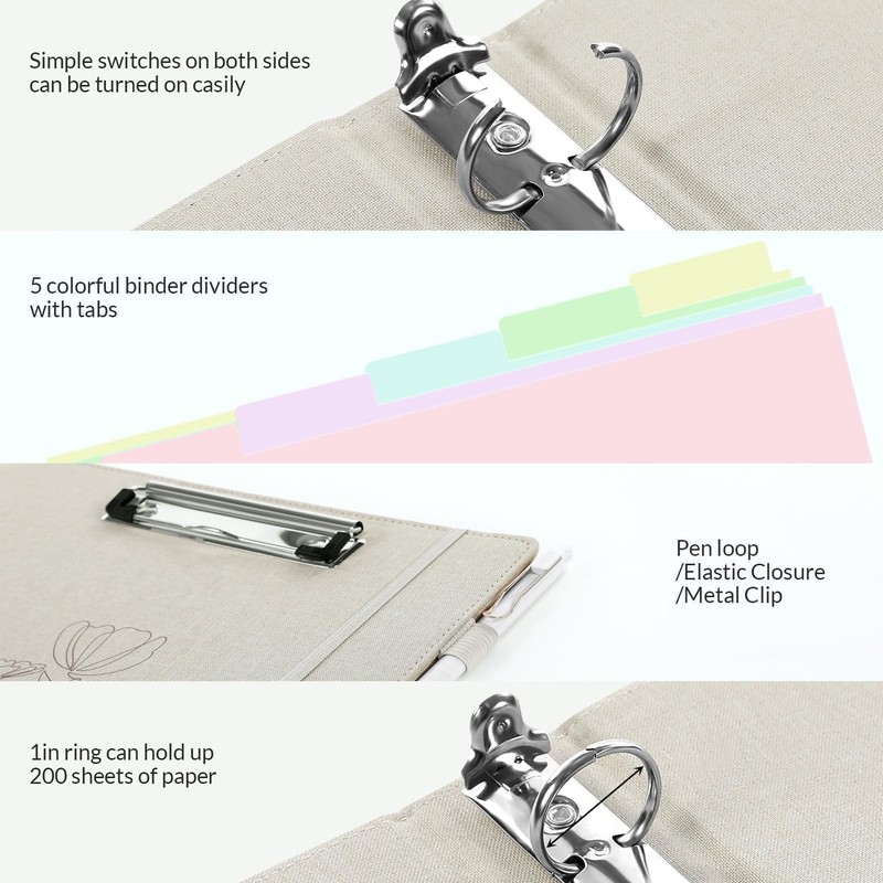 SKYDUE Clipboard Binder with Dividers,1 Inch 3 Ring Binder with