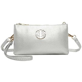 She & Bags Women Golden Badge Detail Multi Function Doubel Compartments Small Wristlet Purse Clutch Crossbody Messenger Handbag-Silver