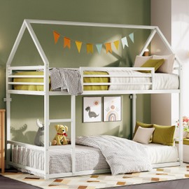 LIKIMIO Bunk Bed Twin XL Over Twin XL, Metal Bunk Bed Frame with Ladder and Guardrail, House Shaped with Metal Slats for Dormitory and Bedroom, Space Saving, No Box Spring Needed, White