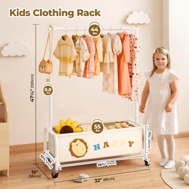 GRANNY SAYS Kids Clothing Rack with Basket, Baby Closet Dress Up Storage, Kids Closet Wardrobe, Short Baby Clothes Rack, Toddler Garment Rack for Coats, Dress Up Costumes, Princess Dresses, Beige
