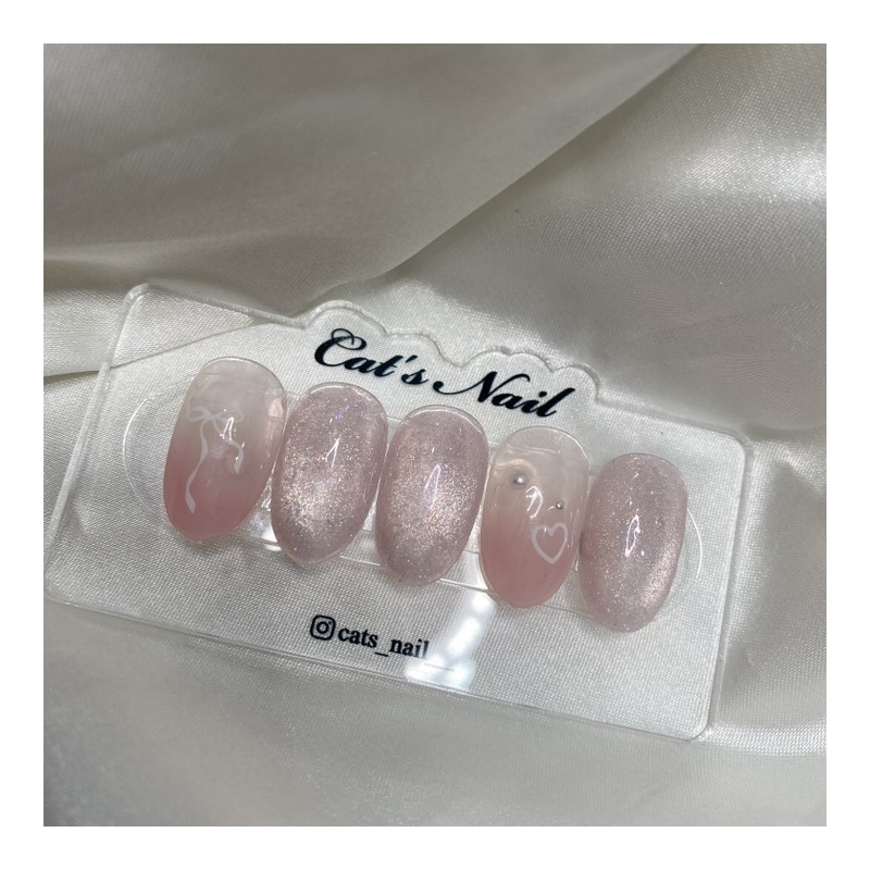 Ribbon pink magnetic nail handmade nail tip - Oval /