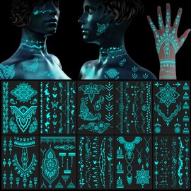 DPKOW Blue Luminous Temporary Tattoos Indian Lace Tattoo Stickers for Eid Wedding Hand Arm Body Art, Glow in the Dark Mandala Flower Temporary Tattoos Neon Face Hand Paint, 10 Sheets