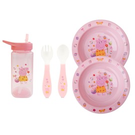 Toddler Cutlery Set, Square Straw Sipper 420ml, Fork & Spoon, Plate Dinnerware Set, Non-Spill Flip Up Spout Character Set, BPA Free Toddler Cutlery (Full Pink Bundle 2)