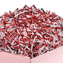 UNIQOOO 1/2 LB Metallic Red White Crinkle Cut Paper, Candy Cane Shredded Filler, Christmas Peppermint Zig Fill Raffia Tissue, Strands Shred Craft Bedding Cushion,Wedding Birthday Gift Boxes Bag Retail