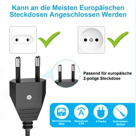Flat Plug, Euro Plug, PABANCE Socket Plug, Flat Power Plug, 250 V, 2.5 A Plug, Flat Screw Connection, Loose, Black, Pack of 4