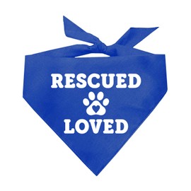 Rescued and Loved Dog Bandana | 100% Cotton Adjustable Triangle | Made in USA | Adoption Event Prop Photoshoot | Rescue | Puppy | New Dog | Royal, One Size (604)