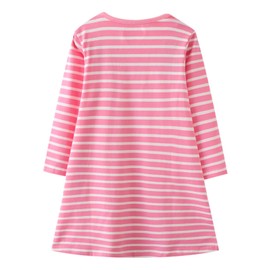 HILEELANG Little Girls Long Sleeve Cotton Casual Pink Stripe Cartoon Appliques Striped Jersey Dresses with Heart Patches 5T