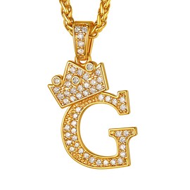 Tennis Initial Necklace G, Hip Hop Necklaces, Womens/Mens Monogram Alphabet Jewelry, Gold Plated Bling Necklace Chain, King Ice Pendant Iced Out Letters with Crown