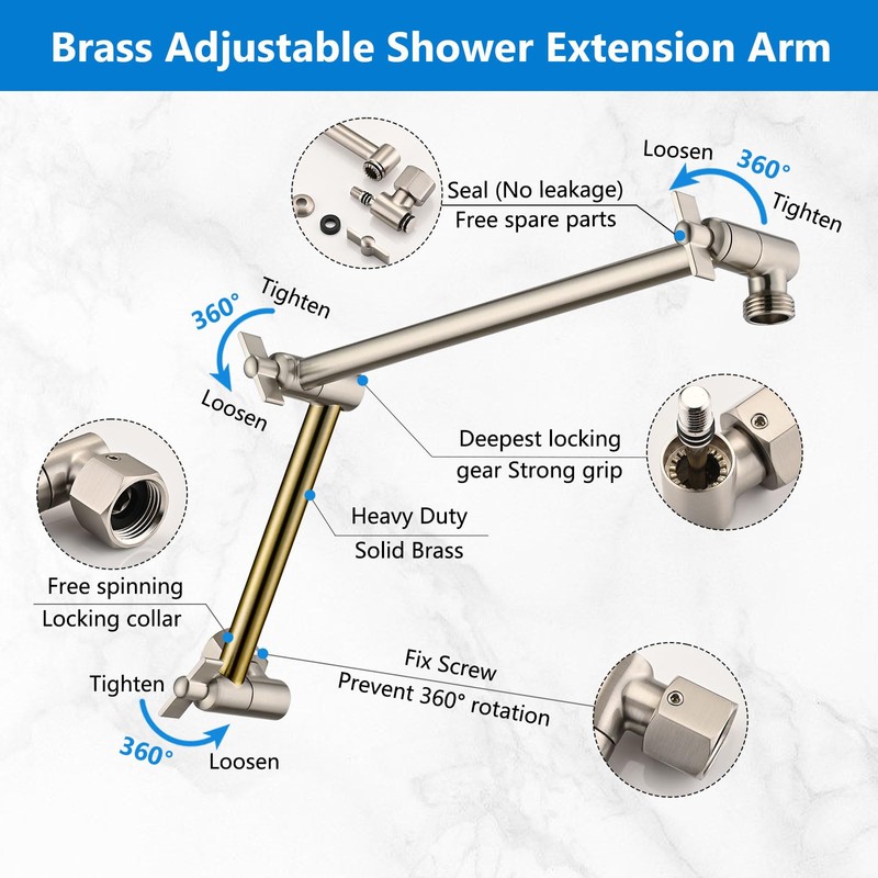 PDPBath Brass 16 Inch Shower Head Extension Arm, Upgrade Flexible