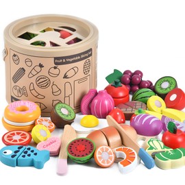 WHOHOLL Wooden Play Food for Kids Play Kitchen Accessories Playset with Basket, Pretend Cutting Food Toys for 3 4 5 6 Year Old, Velcro Vegetables Fruits Toys Christmas Birthday Gifts for Girls Boys