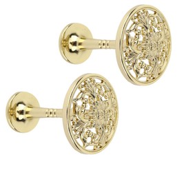 Lewondr Curtain Holdbacks, Set of 2 Wall Mounted Draperies Hooks Antique Engraved Floral Plate Vintage Retro Decorative Metal Hangers for Home Living Room Bathroom Closet - Gold
