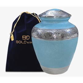 BOLD & DIVINE Turquoise Blue Textured Enamel Adult Cremation Urn | Human Ashes Adult Memorial urn, Burial, Funeral Cremation Urns | Mint 200 Cubic Inches (Large/Adult Urn) with Unique Velvet Bag