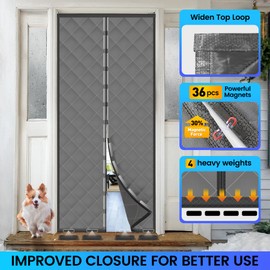 Magnetic Thermal Insulated Door Curtain, Fits Door Size 38" x 82", Weatherproof Oxford Material Thicken Fiber Fill Door Cover,Temporary Door Thermal Curtains for Winter/Patio/Sliding Glass Door, Grey