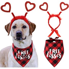 Disfraz de perro de San Valentín, diadema de corazón rojo y pañuelo de búfalo a cuadros
