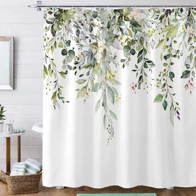 kampdream Green Eucalyptus Plant Shower Curtain, Watercolor Leaves On The