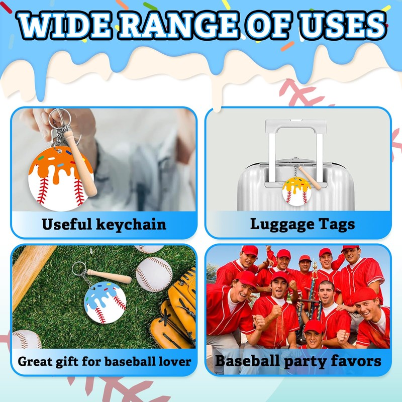 12 Pcs Baseball Acrylic Keychains with Mini Wooden Bats, Ice