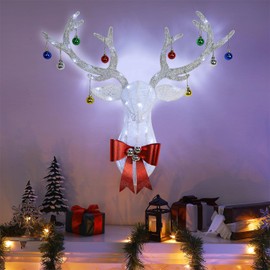 Hausse Lighted Christmas Wall Decoration Reindeer Head, 27" Pre-Lit 3D Xmas Rudolph Hanging Wreath, 8 Lighting Modes & Timer, Battery Operated for Winter Holiday Indoor Outdoor Front Door Window