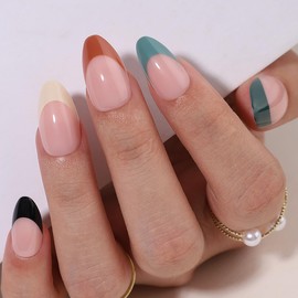 Hrnsnails Almond Shaped Press On Nails, Glue On Nails Short Fake Nails with Multicolor French Tip Nails Designs, Acrylic Nails Press On Gel False Nails, Artificial Nails Stick On Nails for Women