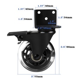 Hirate 3" L-Shaped Plate Swivel Caster with Brake, Side Mount Casters Mute Rolling for Flower Stand, Furniture, Bookshelf, Loading Capacity 600 Lbs, Set of 4