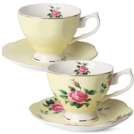 BTaT- Floral Tea Cups and Saucers Set of 2 (8 oz), Porcelain Tea Cup Sets, Pastel Yellow Color with Gold Trim, Dishwasher Safe